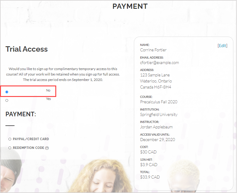 The "No" option is highlighted on the Trial Access page and the payment options appear.